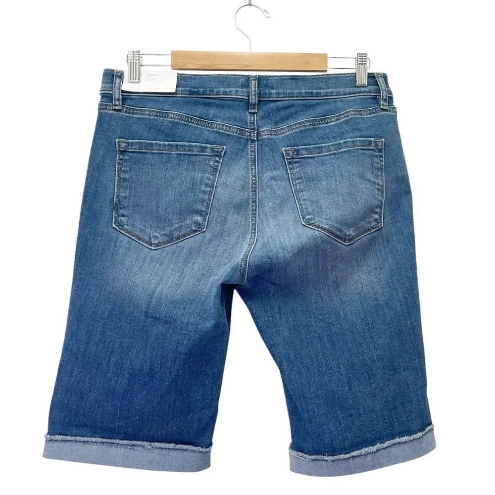NWT LOFT Bermuda Roll Denim Shorts Size 8 Medium Wash Distressed Cuffed Stretch